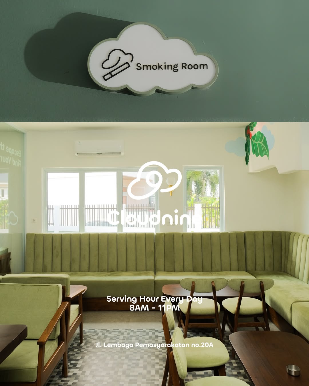 Cloudnine Space smoking room with cloud-shaped signage and comfortable seating